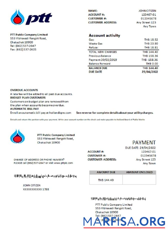 Printable Thailand PTT gas utility bill template in Word and PDF format
